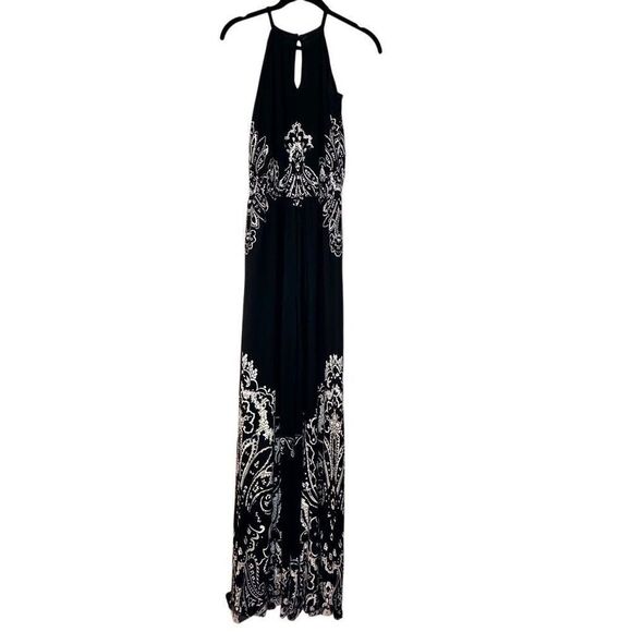 Soho Chic Keyhole Halter Paisley Sleeveless Black White Maxi Jumpsuit Size Small - Picture 2 of 3